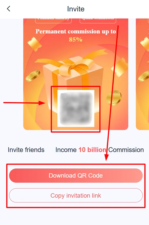 Invite screen showing a QR code and a highlighted “Download QR Code” button with a referral link option
